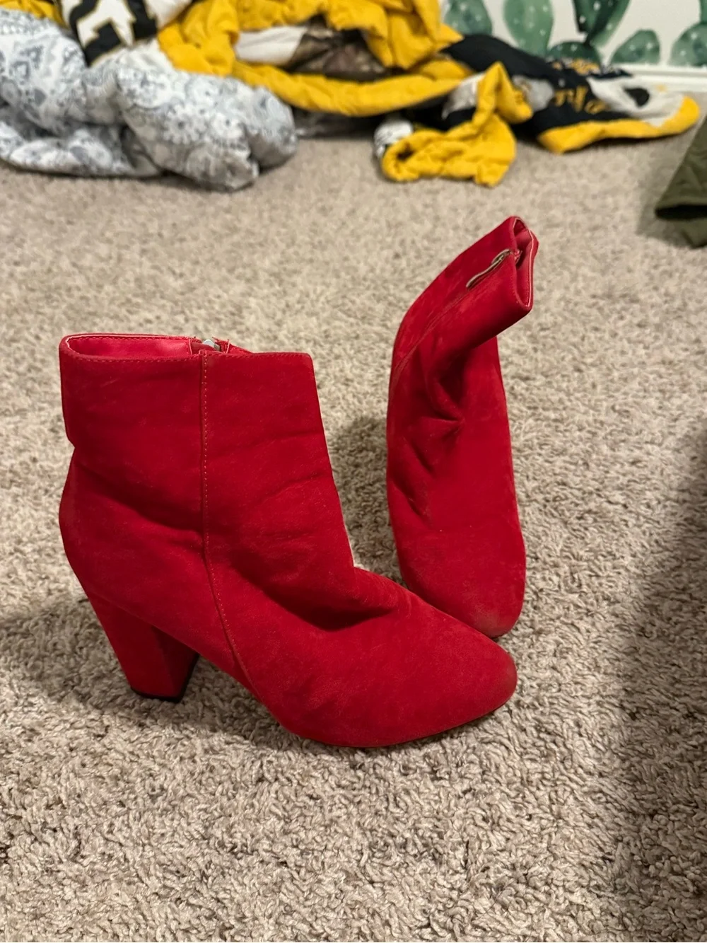 PrettyLittleThing Red Suede Block Heel Ankle Boots
